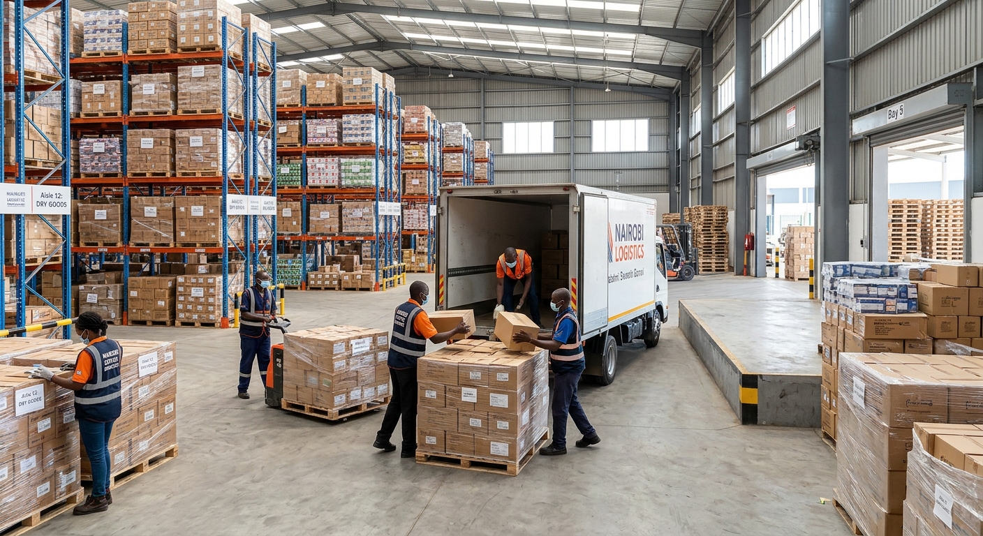 Bright modern wholesale warehouse in Nairobi with neatly stacked pallets and cardboard boxes, workers loading goods, natural daylight, realistic photo